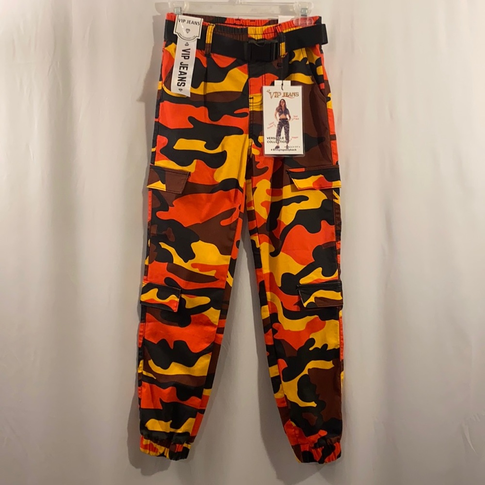 NWT VIP JEANS Juniors Camouflage Cargo Pants size1/25 Orange Black Gold Brown